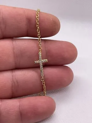 14k Yellow Gold Over 925 Sterling Silver Sideways Cross Bracelet With Accents • $34.48