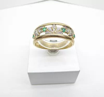 9ct Gold Emerald & Diamond Ring Fan Pattern Hallmarked Size R With Gift Box • £158