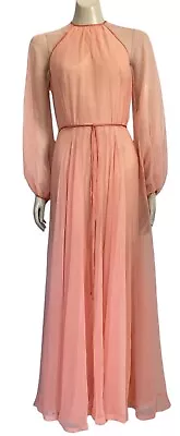 Vtg 70s JANINE PIMM Sz 12 Maxi Dress Flowy Chiffon Long Sleeves Back Zip Apricot • £58.90