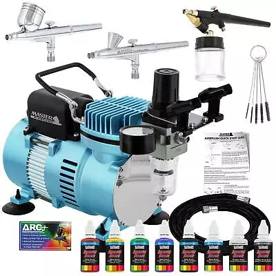 Master 3 Airbrush Air Compressor Kit Holder 6 Primary Colors Acrylic Paint Set • $139.99