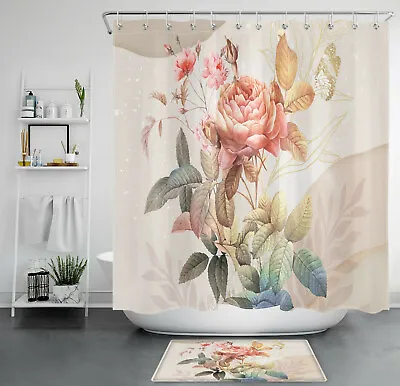 Watercolor Flowers Spring Soft Retro Shower Curtain Bathroom Accessories Set • $10.99