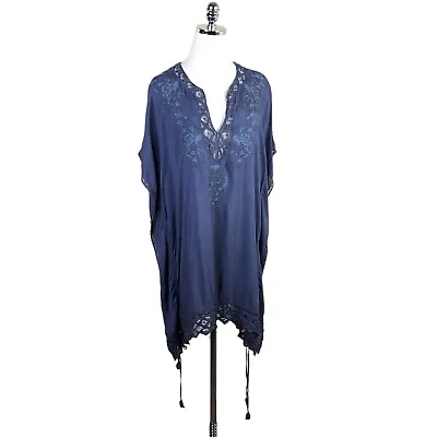 Monoreno Tunic Dress Womens Large Slate Blue Embroidered Dolman Sleeve Kaftan • $34.30