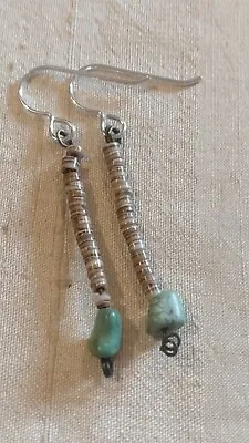 Simple Older Native American Shell And Turquoise Drop Earrings • £18