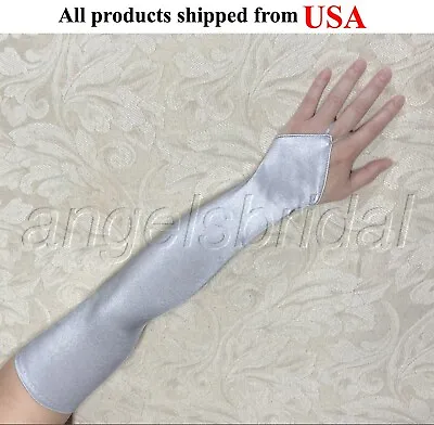 Top Quality 23  Silver Fingerless Long Satin Halloween Costume Prom Opera Gloves • $12.95