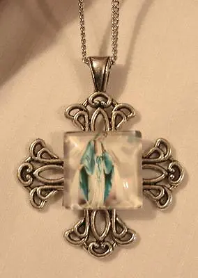 Filigree Maltese Cross Blue Accented Miraculous Mary Silvertone Pendant Necklace • $14.24