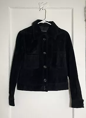 Zara Woman Black Real Suede Jacket Bomber Pockets Button Collar Full M Medium • $20