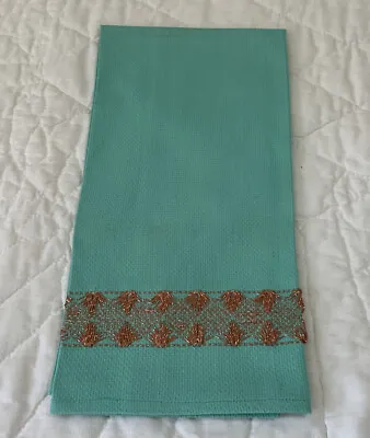 Vintage Show Towel Cotton Turquoise Waffle Weave Peach & Gold Embroidery • $4.50