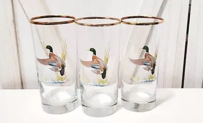 Vintage Ned Smith Mallard Duck High Ball Glasses Set Of 3 Gold Rim  • $36.99