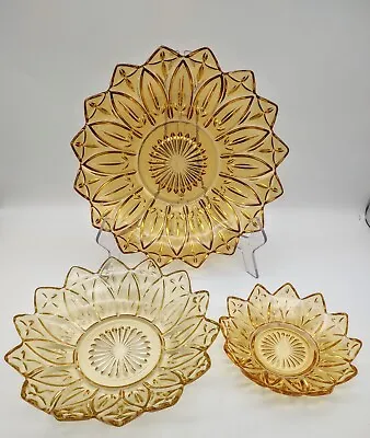 3 VTG Amber Federal Glass Starburst Bowls / Serving Dishes ~ 3 Sizes Sunflower  • $18