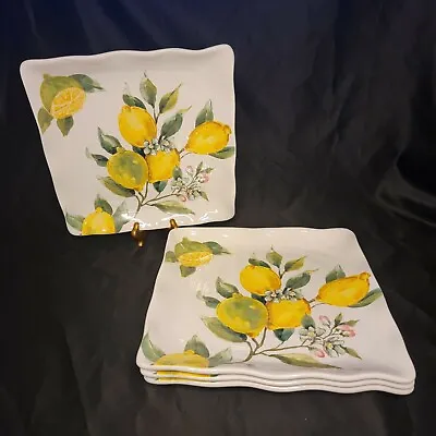 Maxcera Spring Summer Lemon Square 11  Ceramic Dinner Plates NEW Set Of 4 • $54.99