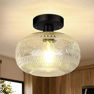 Black Semi Flush Mount Ceiling Light Hallway Light Fixture Globe Glass Ceiling • $41.80