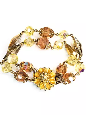 Amber Aurora Borealis Austrian Crystal Rhinestone Flower Bracelet Mid Century 19 • $25.60