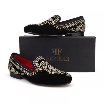 Handmade FERUCCI Men Black Velvet Slippers Loafers With Gold Embroidered Threads • $199.99