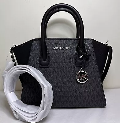 Michael Kors Avril Small Top Zip MK SIGNATURE Black Satchel Crossbody Bag • $97.98