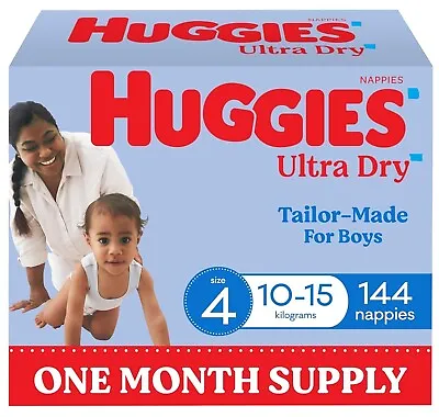 Huggies Ultra Dry Nappies Boys Size 4 (10-15kg) 144 Count - One Month Supply • $150