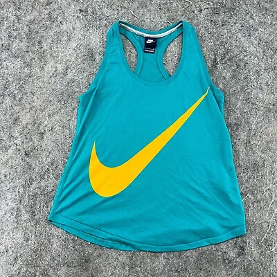 Nike Tank Top Shirt Mens Small Blue Yellow Swoosh Logo Muscle Beach Activewear • $0.99