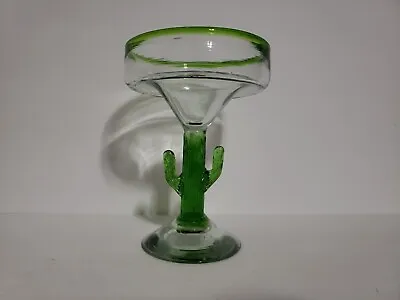 Cactus Stem Margarita Glass Green Rim Hand Blown Mexico 6.5  Tall • $9.99