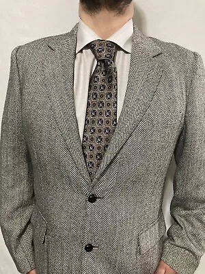 Mens Tweed Sport Coat Blazer Suit Jacket 40R Gray Herringbone Wool Joe Namath • $39.94