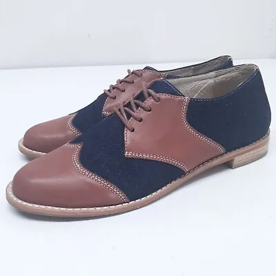 F-Troupe Womens Saddle Shoes Sz 39 Leather And Denim Brown Blue US Sz 8.5 • £37.59