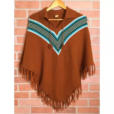 Vintage Tejidos Ecuador Women's Knit Poncho Sweater Tassel Tie Necklace Chevron • $40.49