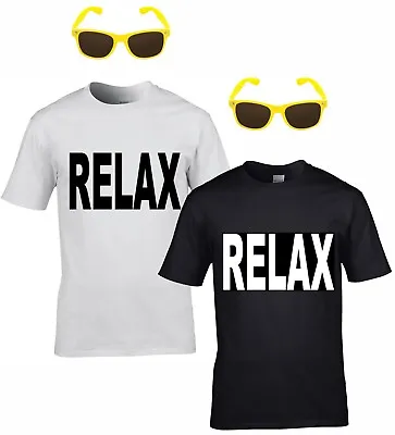 Mens RELAX Tee T Shirt 80s 90s Festival Fancy Dress Costume + Neon Sunglasses • £13.96