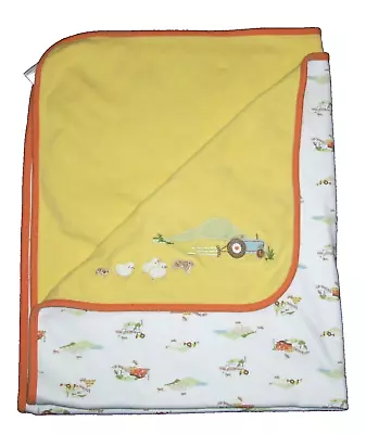 FLAWS VTG Gymboree Prairie Ranch Yellow Cotton Baby Blanket Tractor Sheep 2006 • $39.95