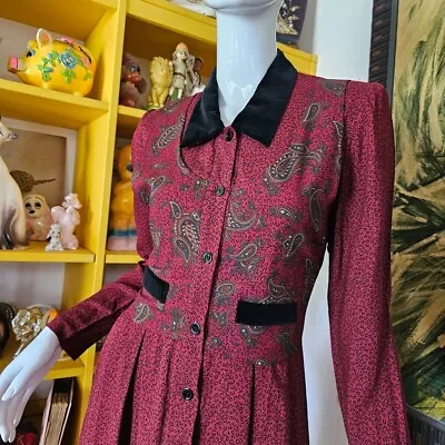 Vtg 80s 90s Victorian School Marm Brit Preppy Paisley Cottagecore Modest Dress S • $65