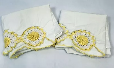 Vintage Pillowcases Handmade Crochet Set 2 Yellow Flowers Cottage Farmhouse  • $20
