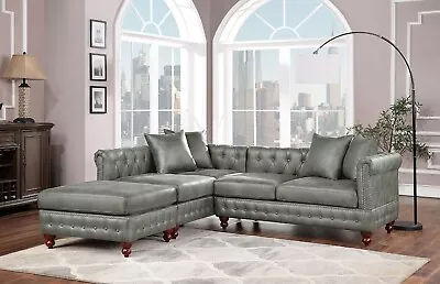 Slate Grey Leatherette Tufted 2x Reversible Chaise Lounge 1x Ottoman Sectional • $1699.99