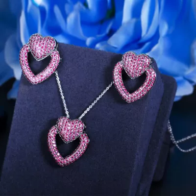 Micro Pave Gold Plated Cubic Zircon Heart Pendent Necklace Earrings Jewelry Set • $15.31