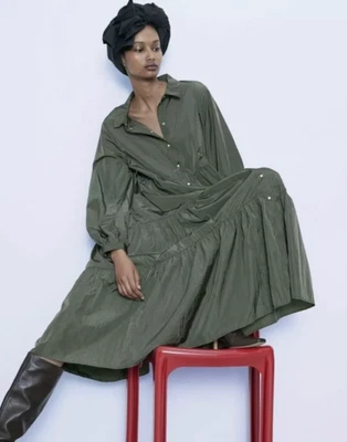 $39 • Buy ZARA Kahki Parachute Tiered Midi Shirt Dress S