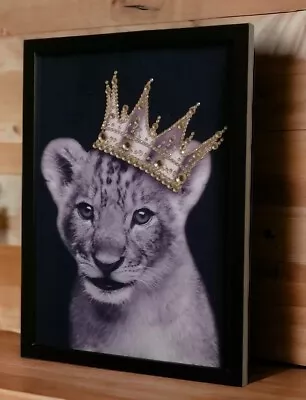 3D Effect Bling Lion Cub Wearing A Gold Crown Picture In Box Frame Size A4 • £14.95