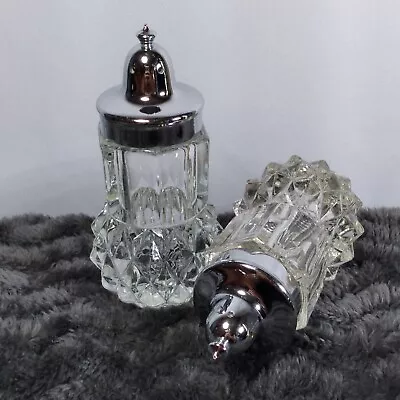 Vintage Indiana Glass Diamond Point Crystal Salt And Pepper Shakers Silver Top🧂 • $12.99