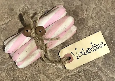 Five Primitive Rustic Pink & White Valentine Peppermint Sticks-Rusty Bells • $10.95