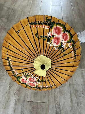 Vintage Asian Rice Paper Bamboo Parasol Umbrella Hand Painted • $9.25