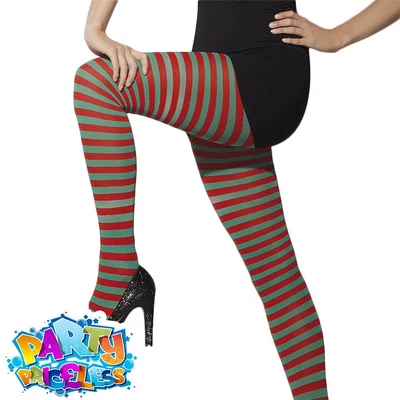 £4.75 • Buy Ladies Elf Tights Red And Green Stripey Christmas Fancy Dress Costume Accessory