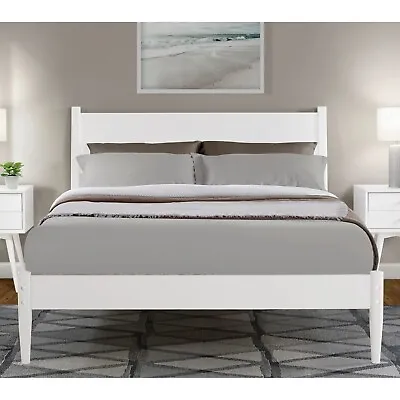 Mid Century Modern Platform Bed Frame W/ Headboard King Size Solid Wood White • $689.99