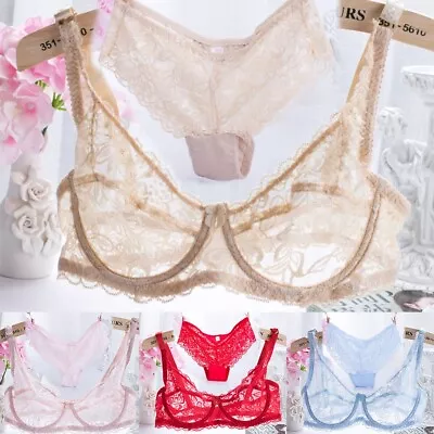 High Quality Bra+Panties Underwear Sets 2pcs 3/4 Cup Lace Thin Underwear • $24.49