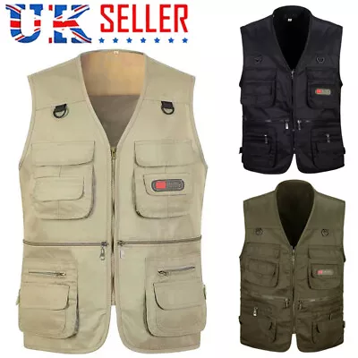 Mens Multi Pocket Vest Hunting Fishing Waistcoat Safari BodyWarmer Gilet Jacket • £9.69