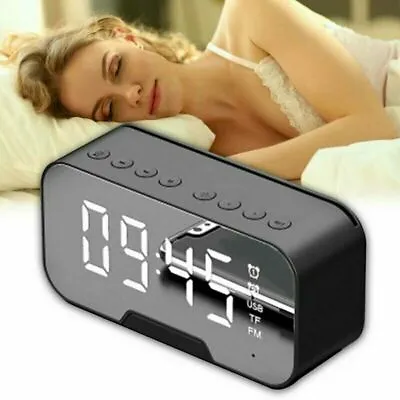 Modern Clock Wireless Bluetooth MP3 Radio Rechargeable LED Mirror Speaker Clocks • £12.99