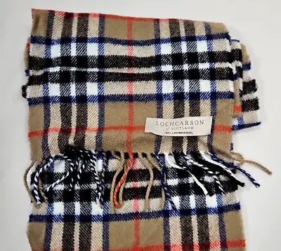 Lambs Wool Scarf Vintage Lochcarron Scotland Tartan Plaid Check Tan Black Fringe • $17.99