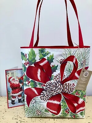Pine Cones Holly Berry Vintage Christmas Gift Woodstock Tablecloth Tote Bag NEW • $55