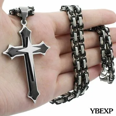 18''-36''Men Stainless Steel Cross Pendant Black Necklace Byzantine Box Necklace • $10.99