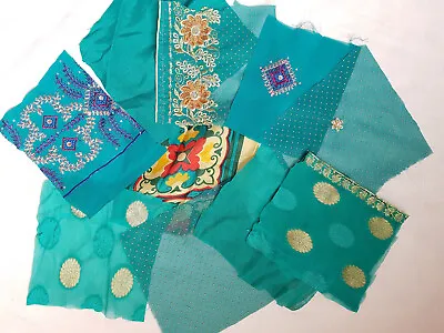 £4.50 • Buy 10 Jade Green Indian Embroidered Sari Scraps 5  Charm Square Bundle Patchwork