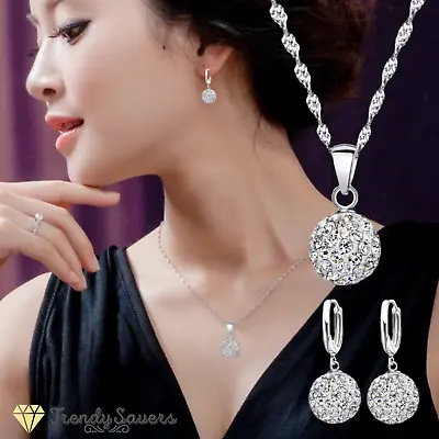 £3.99 • Buy Sparkling Floating 925 Sterling Silver CZ Crystal Pave Bal Necklace Earrings Set