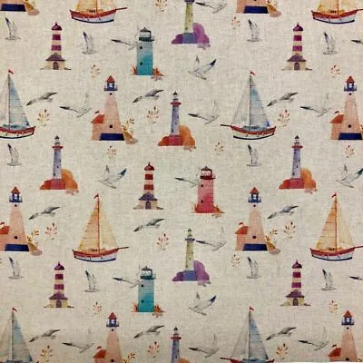 Cotton Rich Linen Look Fabric Digital Sailing Lighthouse Upholstery • £4.65