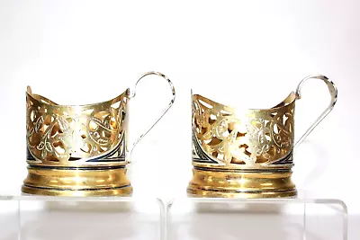 Pair Of Russian Soviet Silver Niello Coffee Tea Cup Holder Gilt Floral 875 129gm • $199.97