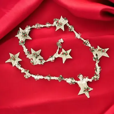 Plastic White Chain Christmas Garland Holly Stars Glitter 6 Feet Vintage 1950s • $13.99