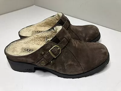 UGG Lila 1910 Espresso Brown Suede Leather Sheepskin Clogs Mules Women’s 9 Lined • $29