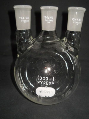 $54.99 • Buy Corning Pyrex Glass 1000mL 1L 24/40 Vertical 3-Neck Round Bottom Flask, Chipped